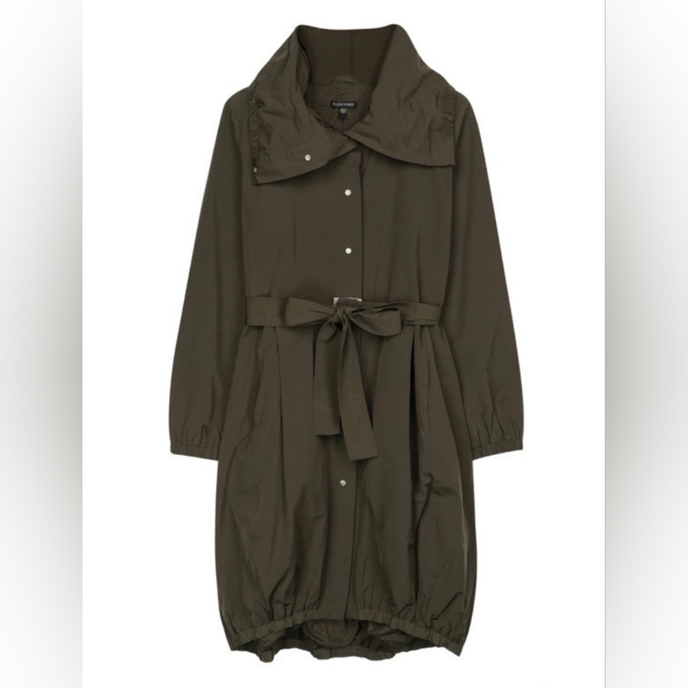 Eileen Fisher Nylon Cocoon Bubble Hem Trench Coat Rain Jacket Olive Green Small